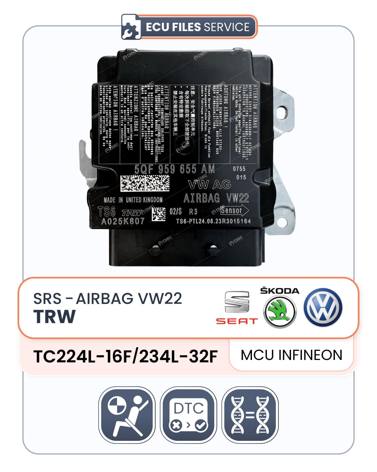 AirbagTRW-VW22-TC224L-16F-TC234L-32F-L Airbag TRW VW22 - MCU Infineon TC224L-16F/TC234L-32F (VAG) - immagine 1