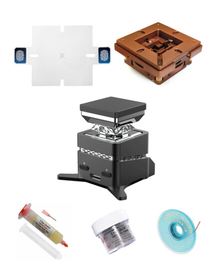 Kit completo per reballing VFBGA63 con MINIWARE MHP30, supporto HTX90, stencil BGA63 e materiali di consumo.